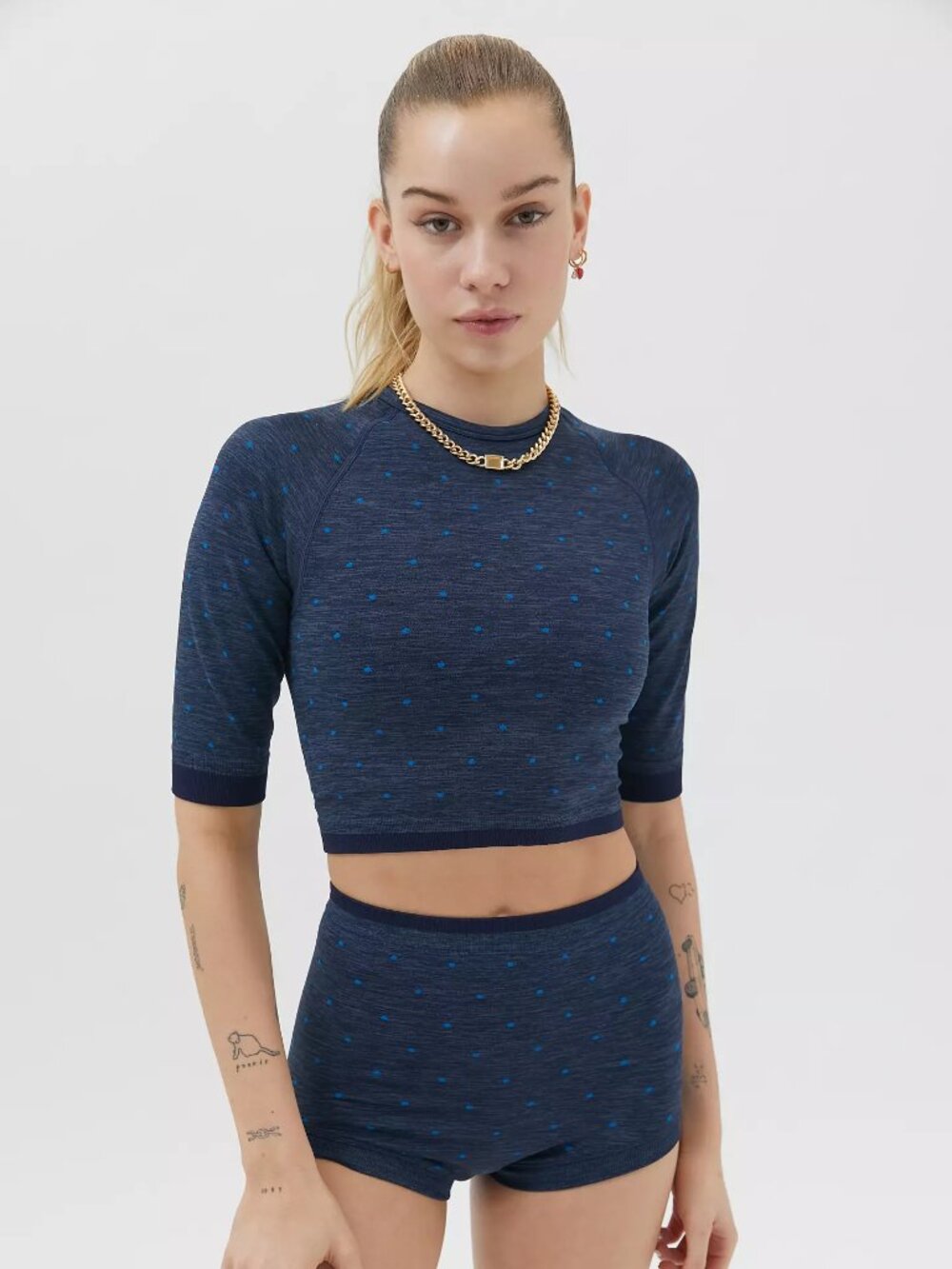 SPLITS59 Coco Navy Blue Polka Dot Seamless Jersey Cropped T-Shirt Top, Size S/M